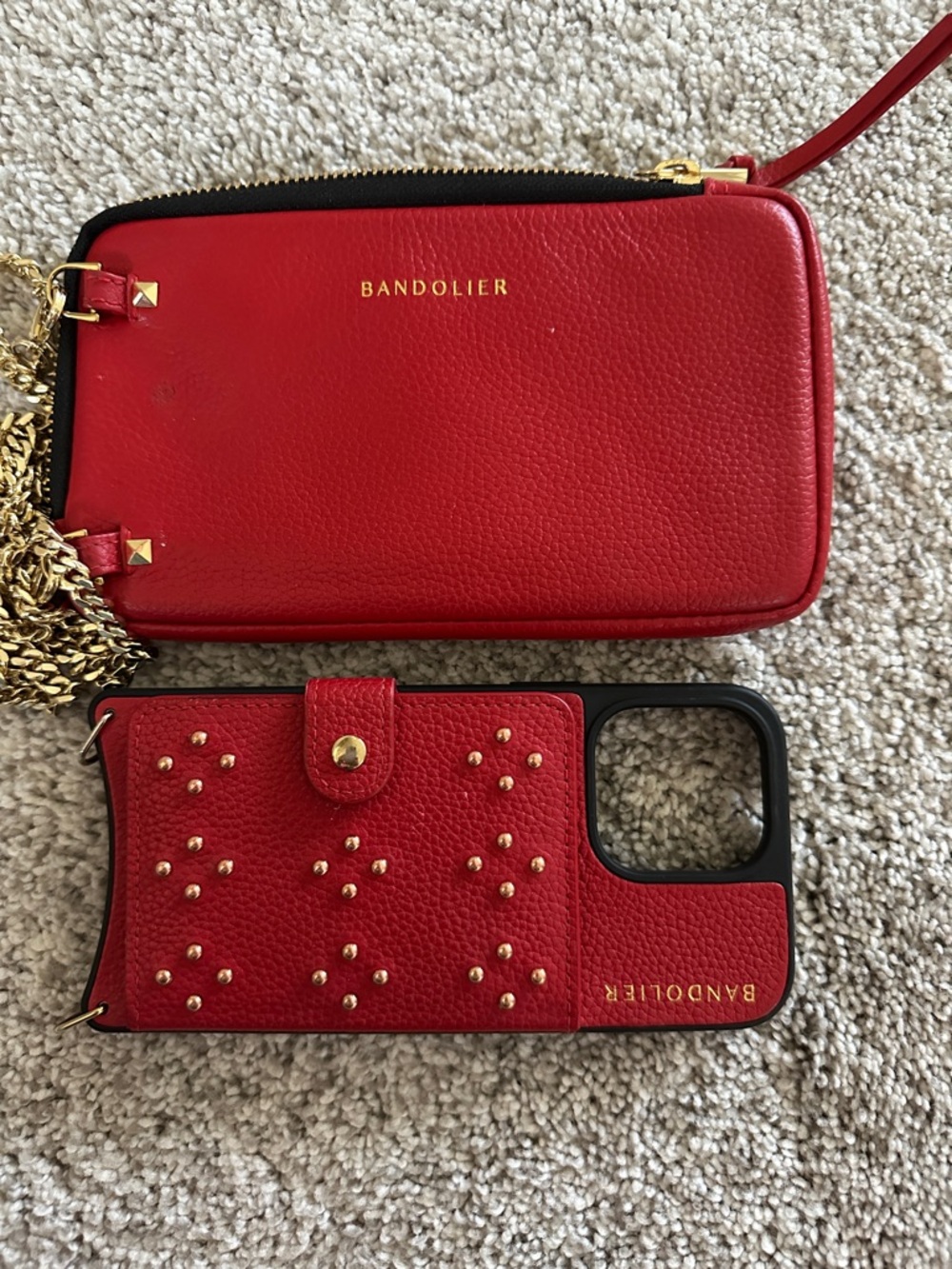 Bandolier Red Leather Crossbody Phone Case with Studded Wallet